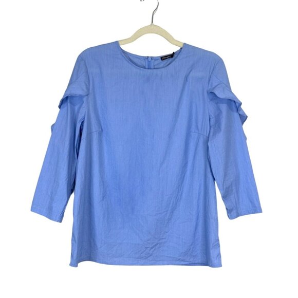 J. McLaughlin Tops - J. Mclaughlin Women's Top Blue Ruffled Bell Sleeve Cotton Stretch Career Size M